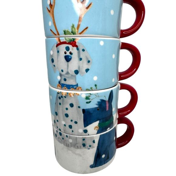Pier 1 Imports Christmas Dog Stacking Mugs Set of 4 Stoneware Mugs With Caddy - Picture 5 of 10